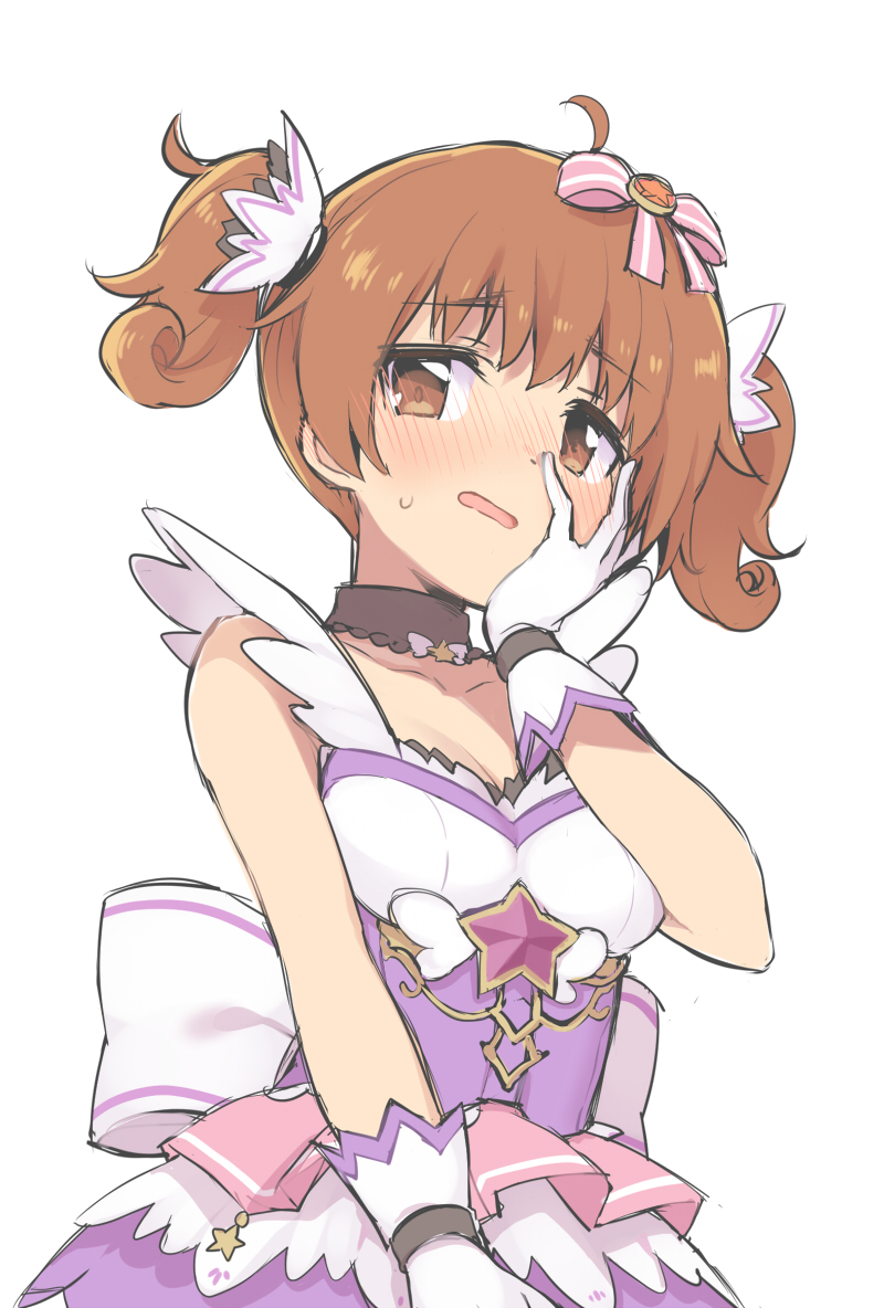 1girl ahoge alternate_hairstyle araki_hina black_choker blush bow breasts brown_eyes brown_hair choker cleavage dot_nose gloves hair_bow hair_ribbon hand_on_own_face hand_up idolmaster idolmaster_cinderella_girls idolmaster_cinderella_girls_starlight_stage looking_at_viewer medium_breasts mitsuki_meia no_eyewear open_mouth pink_ribbon ribbon short_hair shy simple_background solo standing striped striped_ribbon sweatdrop twintails two-tone_dress white_background white_gloves white_ribbon