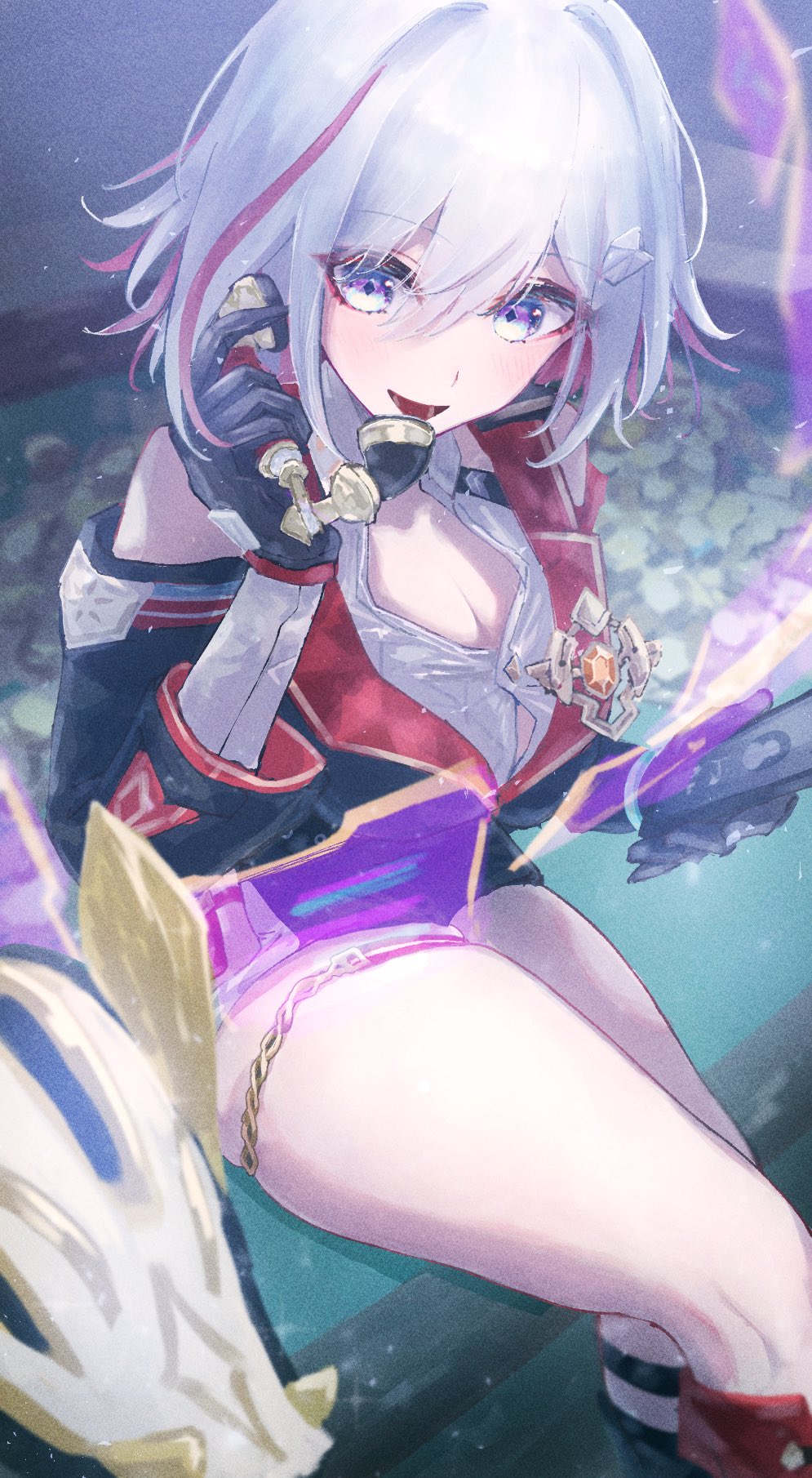 1girl black_gloves black_sleeves blue_eyes breasts button_gap cleavage colored_inner_hair crossed_legs detached_sleeves gloves gold hair_ornament highres holographic_interface honkai:_star_rail honkai_(series) jewelry large_breasts multicolored_hair numby_(honkai:_star_rail) open_mouth red_eyeliner red_hair sanshoku_dango_(ahxf3842) smile solo streaked_hair talking_on_phone thick_thighs thigh_strap thighs topaz_(honkai:_star_rail) warp_trotter_(honkai:_star_rail) white_hair