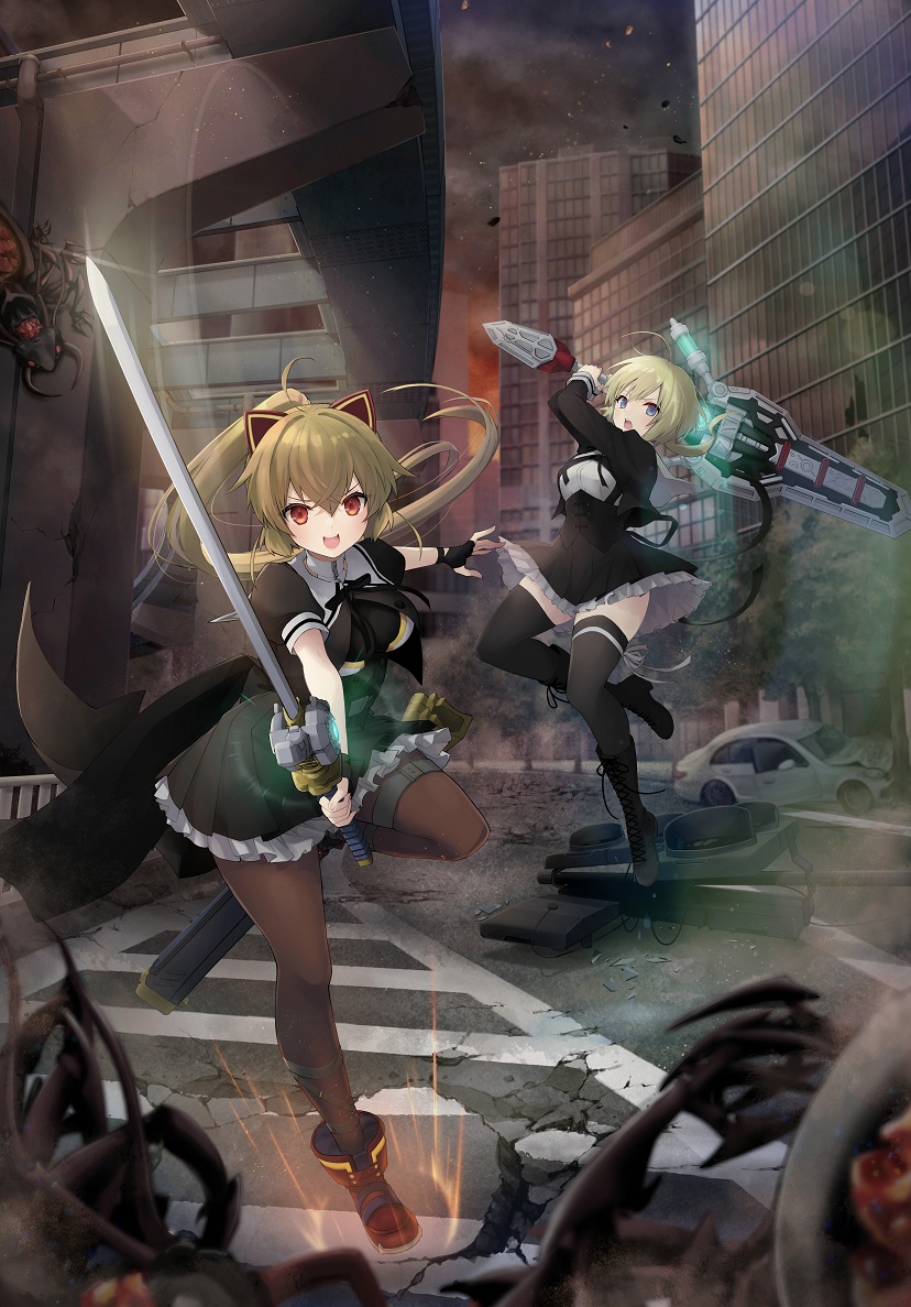2girls amano_soraha animal_ears ankle_boots ankle_strap arms_up assault_lily black_footwear black_gloves black_ribbon black_shirt black_skirt black_thighhighs blonde_hair blue_eyes blurry blurry_foreground boots breasts broken brown_hair brown_pantyhose building car cat_ears city commentary_request cropped_jacket cross-laced_footwear day debris fake_animal_ears fighting_stance floating_hair frilled_skirt frills gloves hair_between_eyes hands_up high-waist_skirt high_ponytail holding holding_sword holding_weapon hotaru_(ultraroly_poly) juliet_sleeves knee_boots kondou_misaka lace-up_boots leg_ribbon leg_up light_particles long_hair long_sleeves looking_at_viewer low_ponytail medium_breasts miniskirt monster motor_vehicle multiple_girls neck_ribbon official_art open_mouth outdoors outstretched_arms over_shoulder pantyhose partially_fingerless_gloves pleated_skirt ponytail puffy_short_sleeves puffy_sleeves red_eyes red_footwear ribbon road rubble scabbard school_uniform second-party_source sheath shirt short_sleeves skirt smile smoke standing standing_on_one_leg street sword sword_over_shoulder thigh_ribbon thigh_strap thighhighs traffic_light tree two-tone_shirt very_long_hair waist_cape weapon weapon_over_shoulder white_ribbon white_shirt yurigaoka_girls_academy_school_uniform