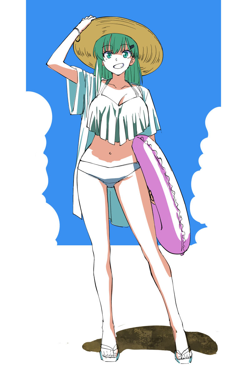 1girl bikini blue_sky breasts brown_headwear cloud commentary_request full_body green_eyes green_hair hair_ornament hairclip hat highres innertube ishii_hisao kantai_collection large_breasts open_clothes open_robe robe sandals sky solo sun_hat suzuya_(kancolle) swimsuit white_bikini white_robe