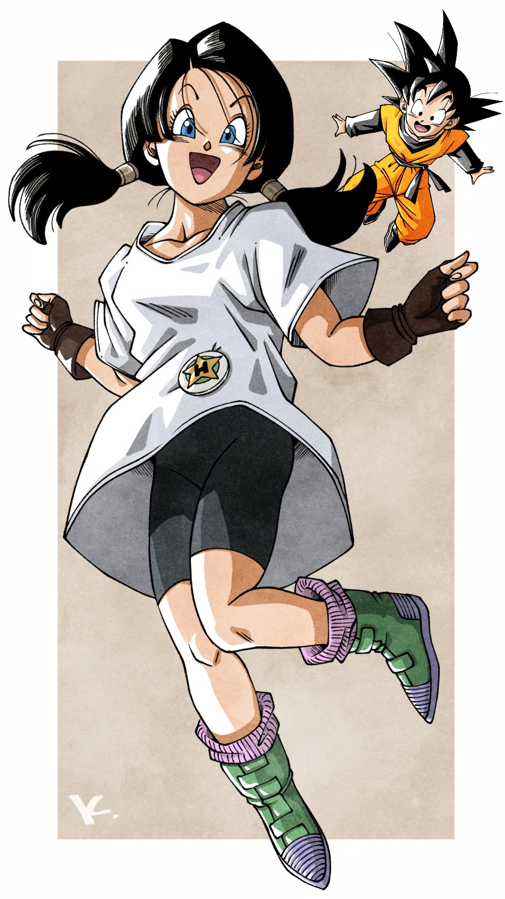 1boy 1girl ankle_boots belt bike_shorts black_belt black_gloves black_hair blue_eyes boots border collarbone commentary_request dougi dragon_ball dragon_ball_z fingerless_gloves floating floating_hair full_body gloves green_footwear highres kakeru_(dbskakeru) long_hair looking_at_viewer low_twintails male_child open_mouth orange_pants outside_border oversized_clothes oversized_shirt pants purple_socks shirt short_sleeves signature smile socks son_goten spandex spiked_hair toriyama_akira_(style) twintails videl white_border white_shirt