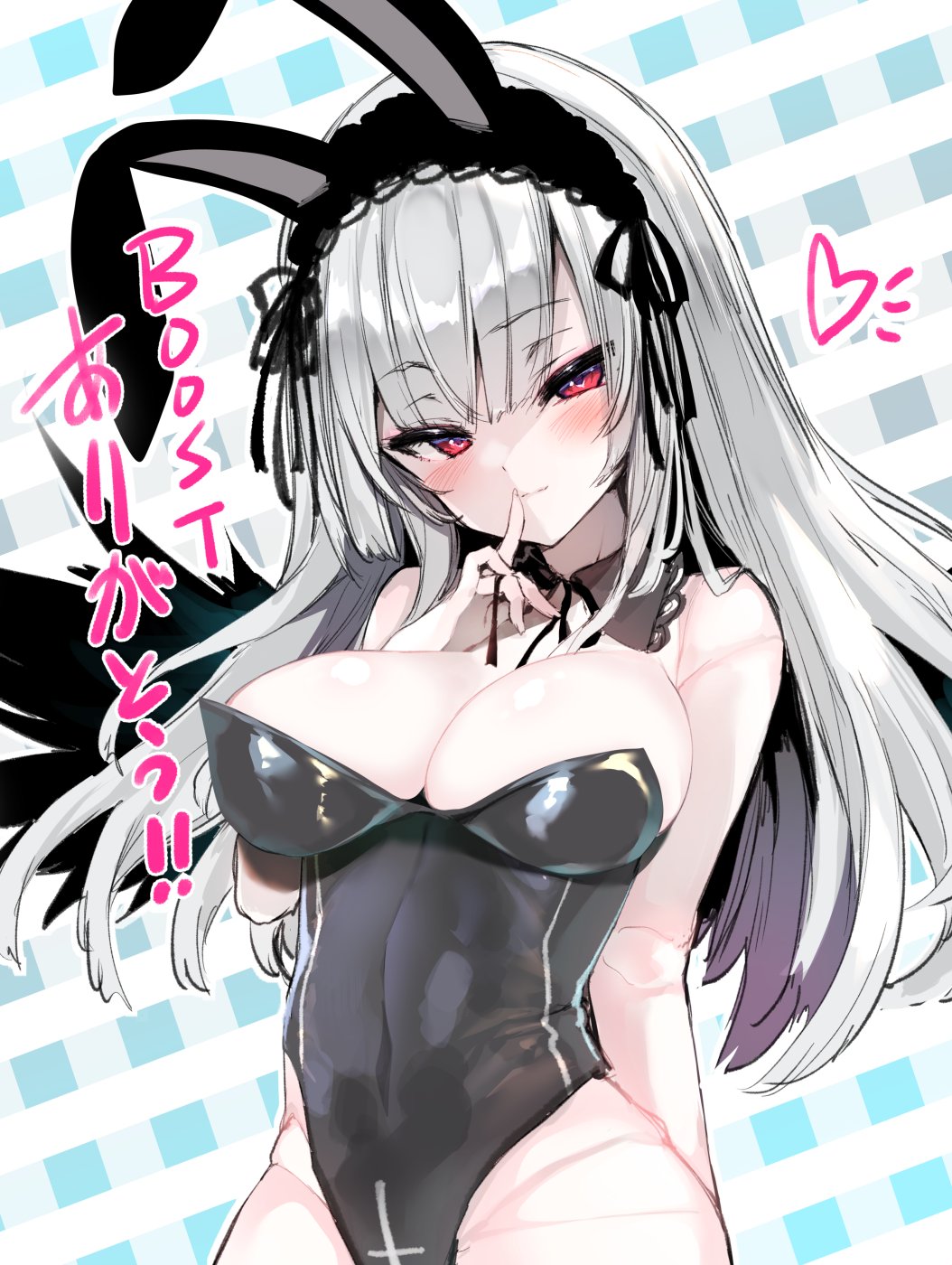 1girl animal_ears black_hairband black_leotard black_wings blush breasts cleavage closed_mouth commentary_request detached_collar grey_hair groin hairband highres large_breasts leotard lolita_hairband long_hair looking_at_viewer plaid plaid_background playboy_bunny rabbit_ears red_eyes rozen_maiden smile solo suigintou tousen upper_body wings