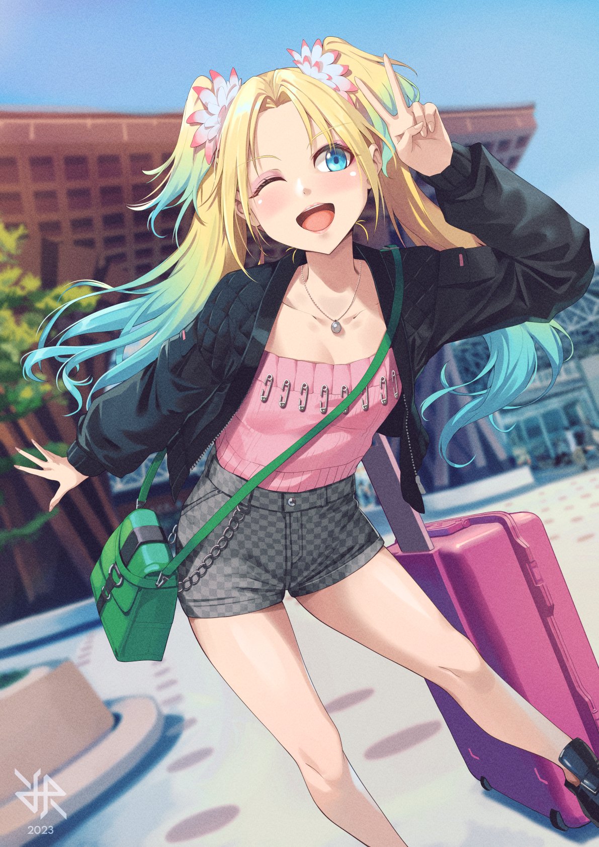 1girl 2023 artist_logo bag black_footwear black_jacket blonde_hair blue_eyes blue_hair blue_sky breasts checkered_shorts flower gradient_hair grey_shorts hair_flower hair_ornament highres hiroki_ree jacket jewelry link!_like!_love_live! long_hair long_sleeves love_live! multicolored_hair necklace one_eye_closed open_clothes open_jacket open_mouth osawa_rurino pink_shirt safety_pin shirt shorts shoulder_bag sky small_breasts smile solo twintails v