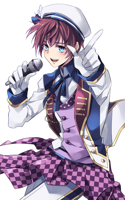 1boy asbel_lhant beret blue_eyes blue_ribbon blush brown_hair gloves hair_between_eyes hat holding holding_microphone idol jacket kirimi_maguro looking_at_viewer microphone official_alternate_costume open_mouth pointing pointing_at_viewer ribbon short_hair smile tales_of_(series) tales_of_graces undershirt vest white_background white_gloves