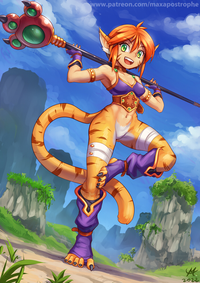 :d animal_ears armlet arms_up balancing bandaged_leg bandages black_nails breasts breath_of_fire breath_of_fire_ii bustier cat_ears cat_tail cleavage cliff dated fingerless_gloves from_below gloves green_eyes holding holding_weapon looking_at_viewer maxa' medium_breasts nature no_pants orange_fur orange_hair plant rinpoo_chuan sharp_toenails signature sky smile staff striped tail teeth tiger_girl toeless_footwear toenails upper_teeth_only watermark weapon weapon_across_shoulders