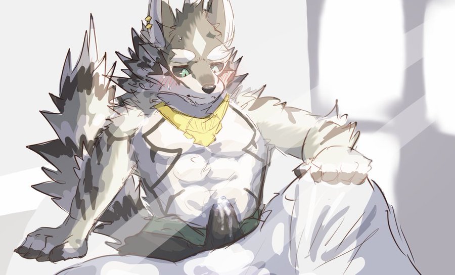 anthro bed black_sclera blush brown_body brown_fur canid canine canis clothing ear_piercing ear_ring fur furniture green_eyes jackal jewelry lifewonders male mammal necklace pecs piercing precum_on_underwear ring_piercing seth_(tas) soft_abs solo superhasuchan tan_body tan_fur tenting tokyo_afterschool_summoners underwear waking_up wet_dream white_body white_fur