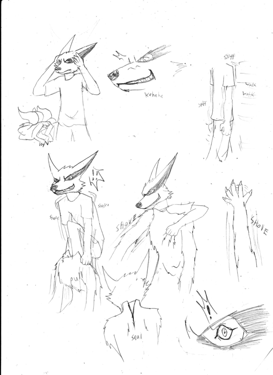 2011 anthro bound canid canine cheek_tuft claws clothed clothing costume_transformation duo encasement english_text exclamation_point facial_tuft fox fur furii hi_res human kurama living_clothing living_costume male male/male mammal monochrome multi_tail naruto sequence sketch smile smirk species_transformation suit_transformation tail takeover text transformation tuft