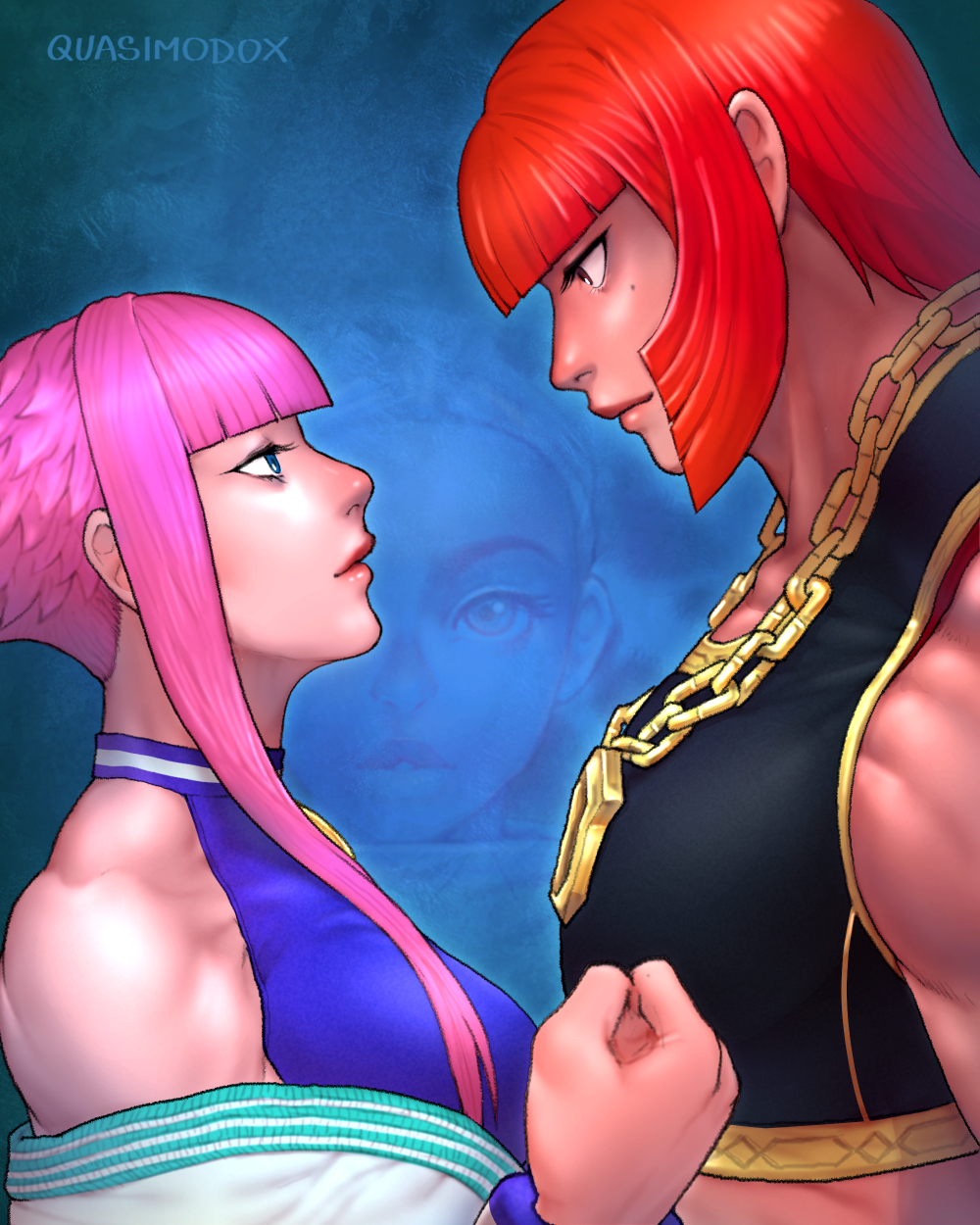 3girls blue_eyes blunt_bangs breasts brown_hair chain chain_necklace clenched_hand deltoids dougi eye_contact faceoff from_side gold_chain halterneck height_difference highres implied_yuri jewelry kimberly_jackson lips looking_at_another manon_legrand marisa_(street_fighter) medallion medium_breasts mole mole_under_eye multiple_girls muscular muscular_female necklace off_shoulder parody quasimodox red_hair short_hair short_hair_with_long_locks sidelocks street_fighter street_fighter_6 street_fighter_zero_(series)