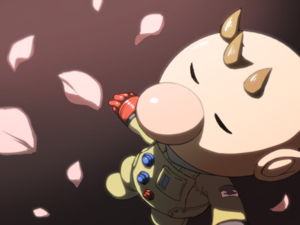 1boy big_nose black_background brown_hair buttons closed_eyes commentary_request company_logo from_above full_body gloves gradient_background male_focus naru_(wish_field) no_headwear olimar patch petals pikmin_(series) pink_nose pointy_ears red_gloves short_hair solo spacesuit very_short_hair