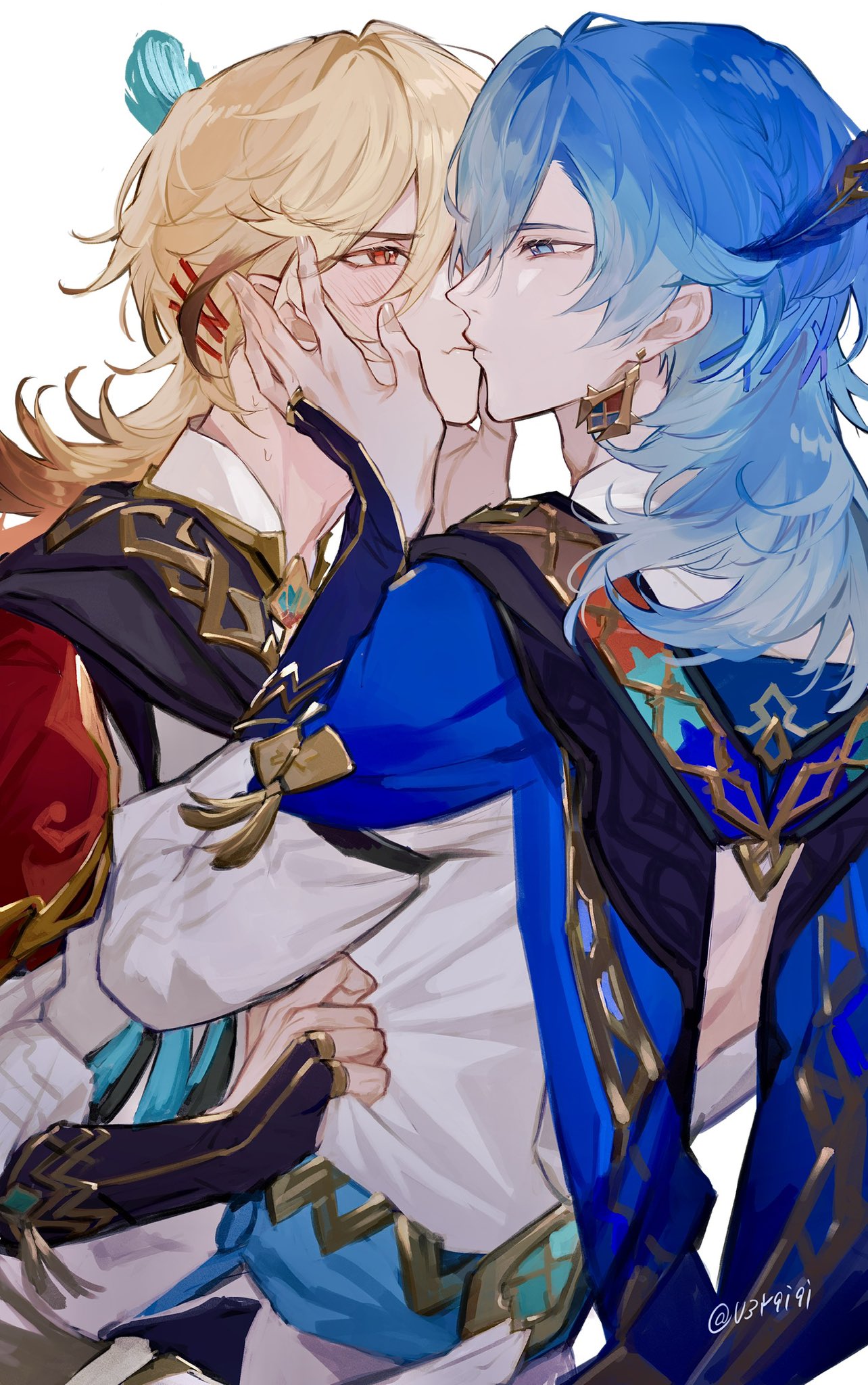 2boys alternate_eye_color arabian_clothes blonde_hair blue_eyes blue_hair closed_mouth commentary earrings feather_hair_ornament feathers genshin_impact hair_ornament hand_on_another's_face highres jewelry kaveh_(genshin_impact) kiss male_focus multiple_boys red_eyes selfcest simple_background symbol-only_commentary upper_body v3yqiqi white_background yaoi