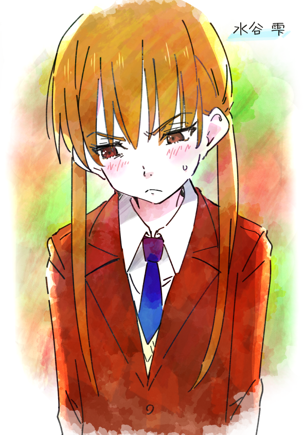 1girl blazer blue_necktie blush brown_eyes brown_hair closed_mouth commentary_request ixy jacket long_hair long_sleeves mizutani_shizuku necktie red_jacket school_uniform solo sweatdrop tonari_no_kaibutsu-kun translation_request twintails