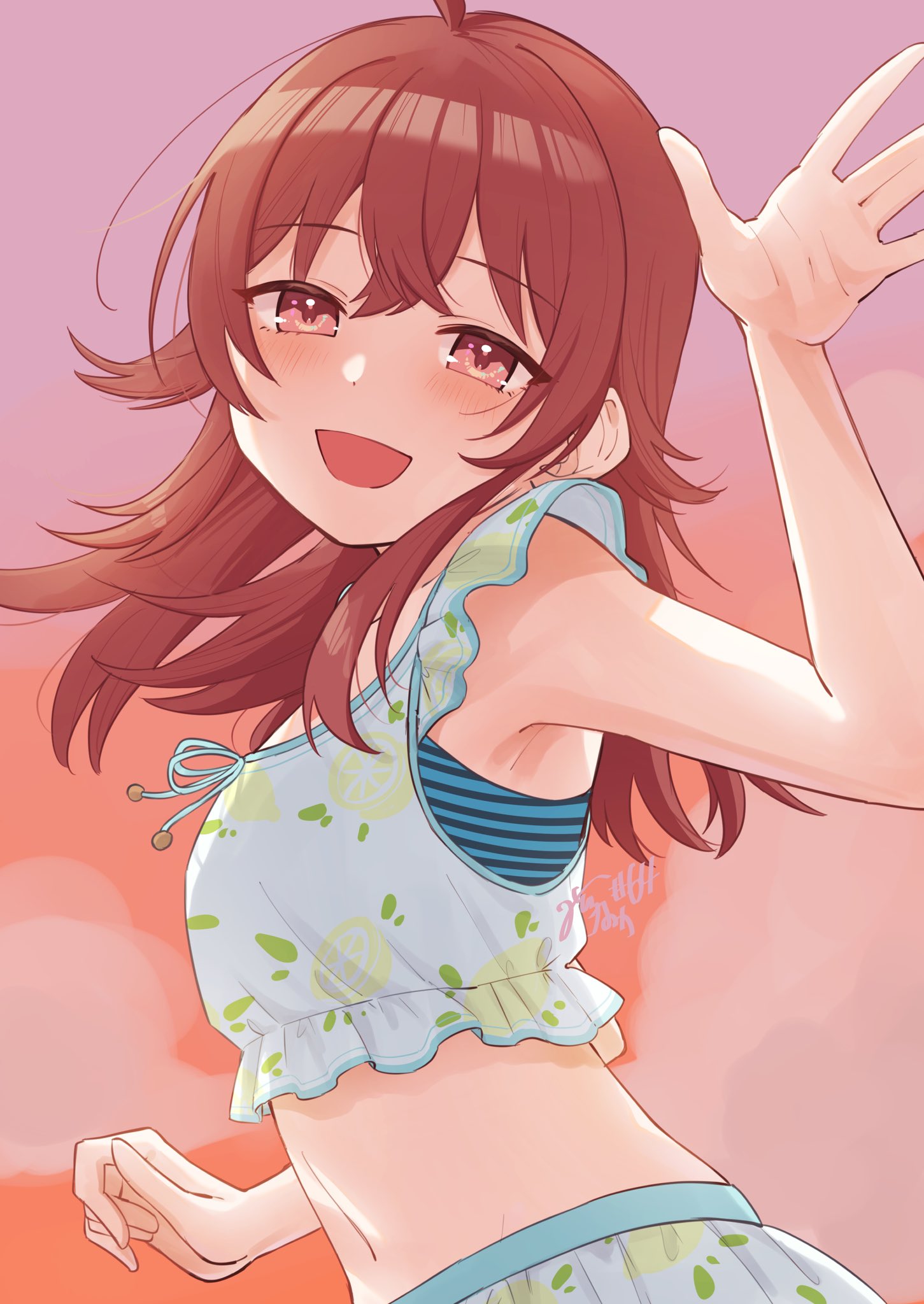 1girl ahoge armpits blurry blurry_background blush crossed_bangs dot_nose hair_between_eyes hand_up highres idolmaster idolmaster_shiny_colors komiya_kaho looking_at_viewer medium_hair messy_hair midriff mitora_nao navel open_mouth red_eyes red_hair smile solo stomach upper_body waving white_swimsuit