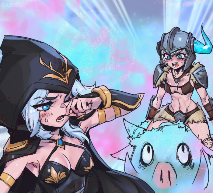 2girls angry animal ashe_(league_of_legends) black_cape blue_eyes blush breasts bristle broken_horn cape cleavage collarbone emphasis_lines fake_horns fur-trimmed_armor green_eyes grey_hair helmet hood hood_up hooded_cape horned_helmet horns large_breasts league_of_legends lower_teeth_only medium_hair multicolored_background multiple_girls navel one_eye_closed open_mouth phantom_ix_row pig sejuani shiny_skin short_hair shoulder_plates stomach teeth tusks