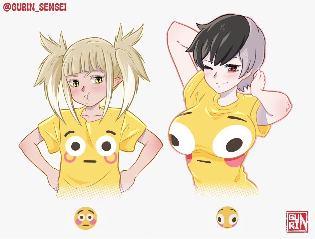 2girls arms_up blonde_hair breast_envy breasts character_request copyright_request cropped_torso flushed_face_emoji grey_hair gurinsensei halftone hands_on_own_hips large_breasts multicolored_hair multiple_girls pointy_ears print_shirt red_eyes shirt short_hair t-shirt twitter_username two-tone_hair yellow_eyes yellow_shirt