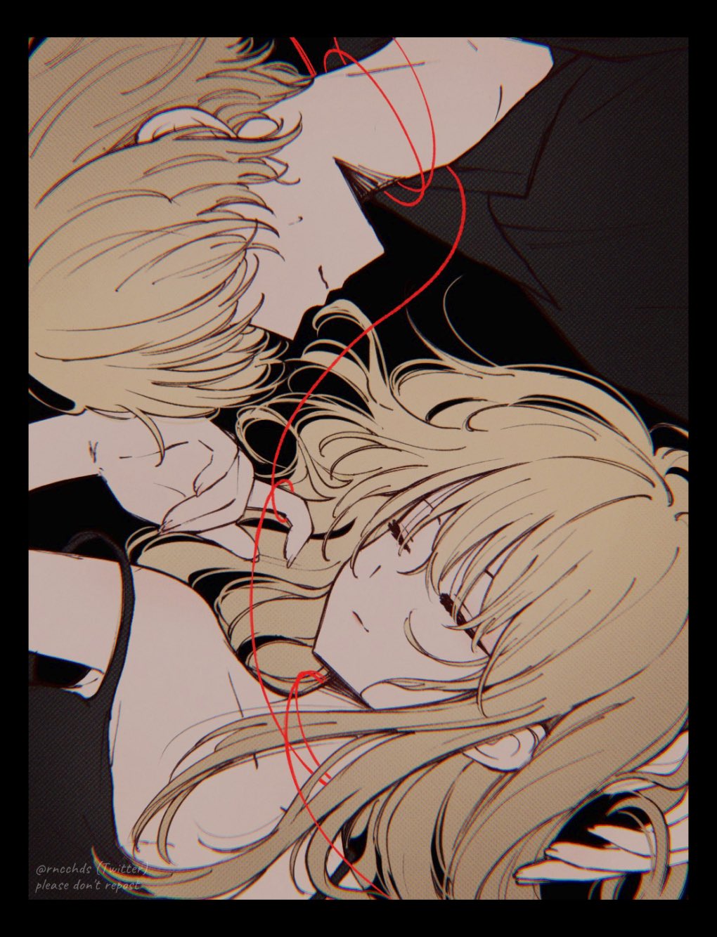 1boy 1girl black_background black_border black_camisole black_shirt blonde_hair border brother_and_sister camisole chromatic_aberration closed_eyes closed_mouth collarbone collared_shirt commentary hand_in_another's_hair highres hoshino_(blue_archive) hoshino_ruby long_hair lying on_back oshi_no_ko rncchds screentones shirt short_hair siblings sidelocks simple_background strap_slip string string_of_fate twins twitter_username upper_body