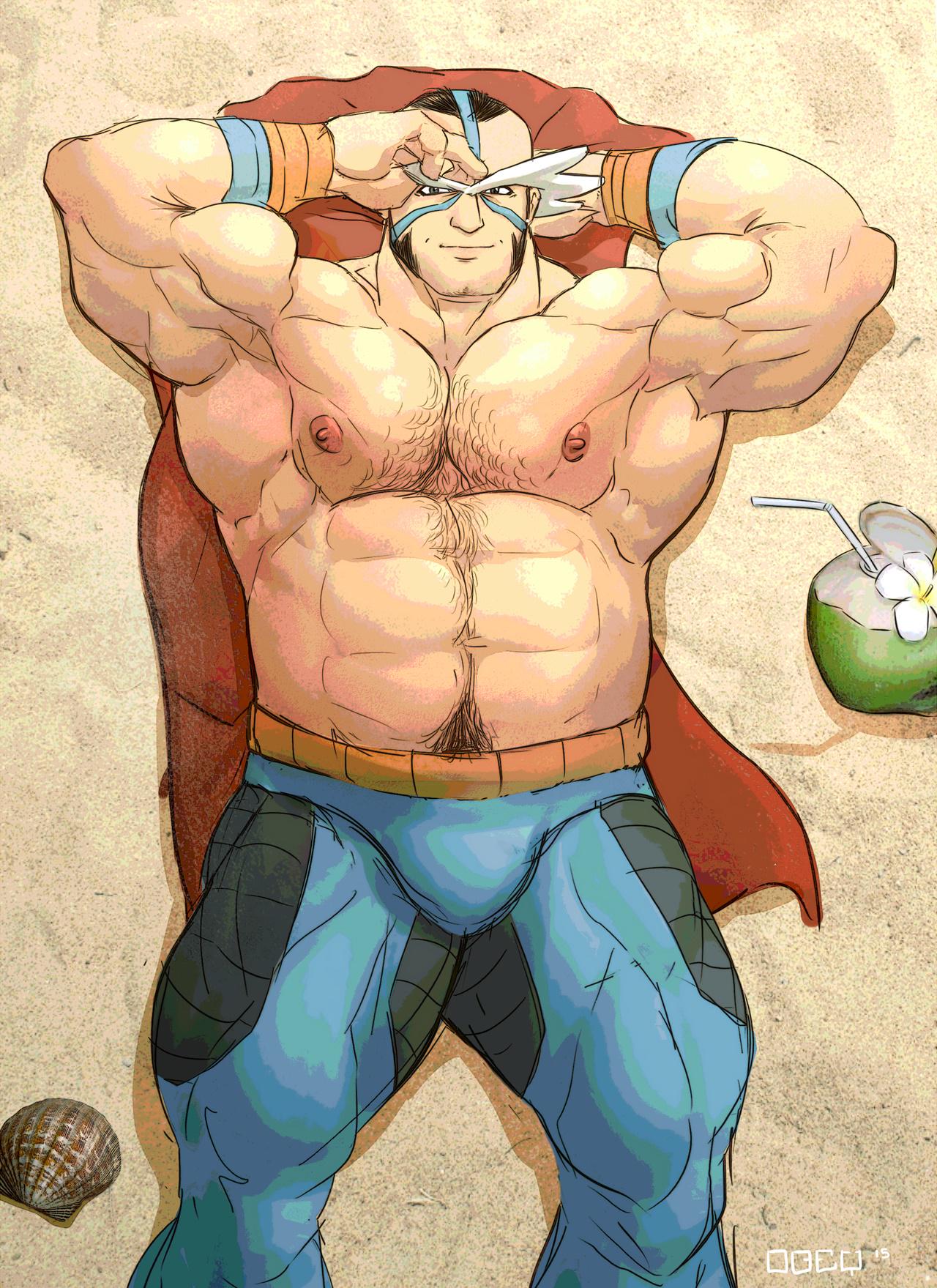 1boy abs armpits bara beach belly bulge chest_hair coconut_cup crasher_wake feet_out_of_frame from_above highres huge_eyebrows large_pectorals looking_at_viewer lying male_focus mature_male muscular muscular_male mutton_chops navel navel_hair nipples on_back pectoral_flexing pectorals pokemon pokemon_(game) pokemon_dppt pokemontrash receding_hairline sand short_hair sideburns solo stomach strongman_waist thick_thighs thighs topless_male wrestling_outfit