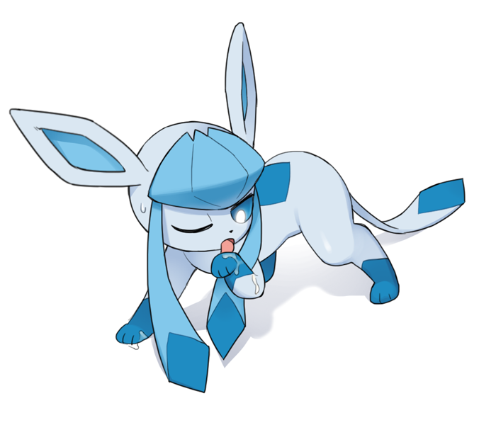 blue_body blue_eyes bodily_fluids cum eeveelution female feral generation_4_pokemon genital_fluids glaceon looking_at_viewer nintendo one_eye_closed open_mouth pokemon pokemon_(species) simple_background solo tongue tongue_out tosx white_background