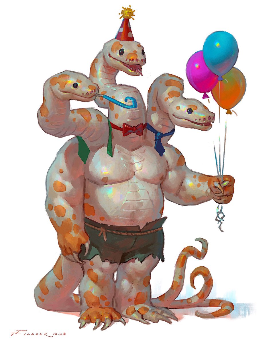 3_heads anthro balloon belt birthday_hat blue_necktie bottomwear claws clothing forked_tongue green_necktie hi_res holding_balloon hydra inflatable long_neck male multi_head muscular muscular_anthro muscular_male necktie nipples orange_spots party_horn red_necktie rope rope_belt scales sharp_claws shorts simple_background snout solo spots tail taran_fiddler tongue torn_clothing were white_background white_body white_scales