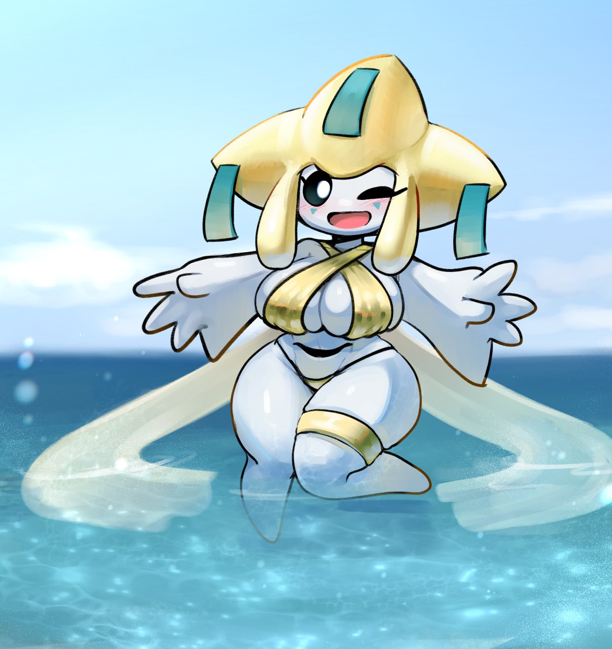 big_breasts bikini black_sclera blonde_hair blush breasts clothing cloud curvy_figure day eyelashes female full-length_portrait generation_3_pokemon glistening glistening_body glistening_clothing hair hi_res humanoid jirachi legendary_pokemon leglet looking_at_viewer navel nintendo one_eye_closed open_mouth outside outstretched_arms partially_submerged pokemon pokemon_(species) portrait sea short_stack skindentation sky smile solo standing swimwear thick_thighs water white_body white_eyes white_skin wide_hips wink yboon yellow_bikini yellow_clothing yellow_swimwear