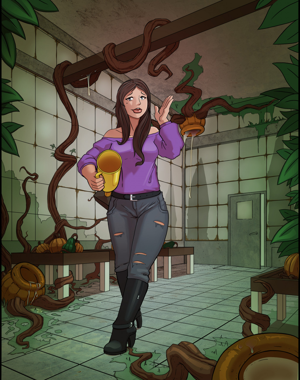 2020 award breasts brown_hair clothed clothing female food fruit greenhouse hair hi_res human human_only inside leaf lunate mammal not_furry plant pumpkin solo story story_in_description trophy vivarium