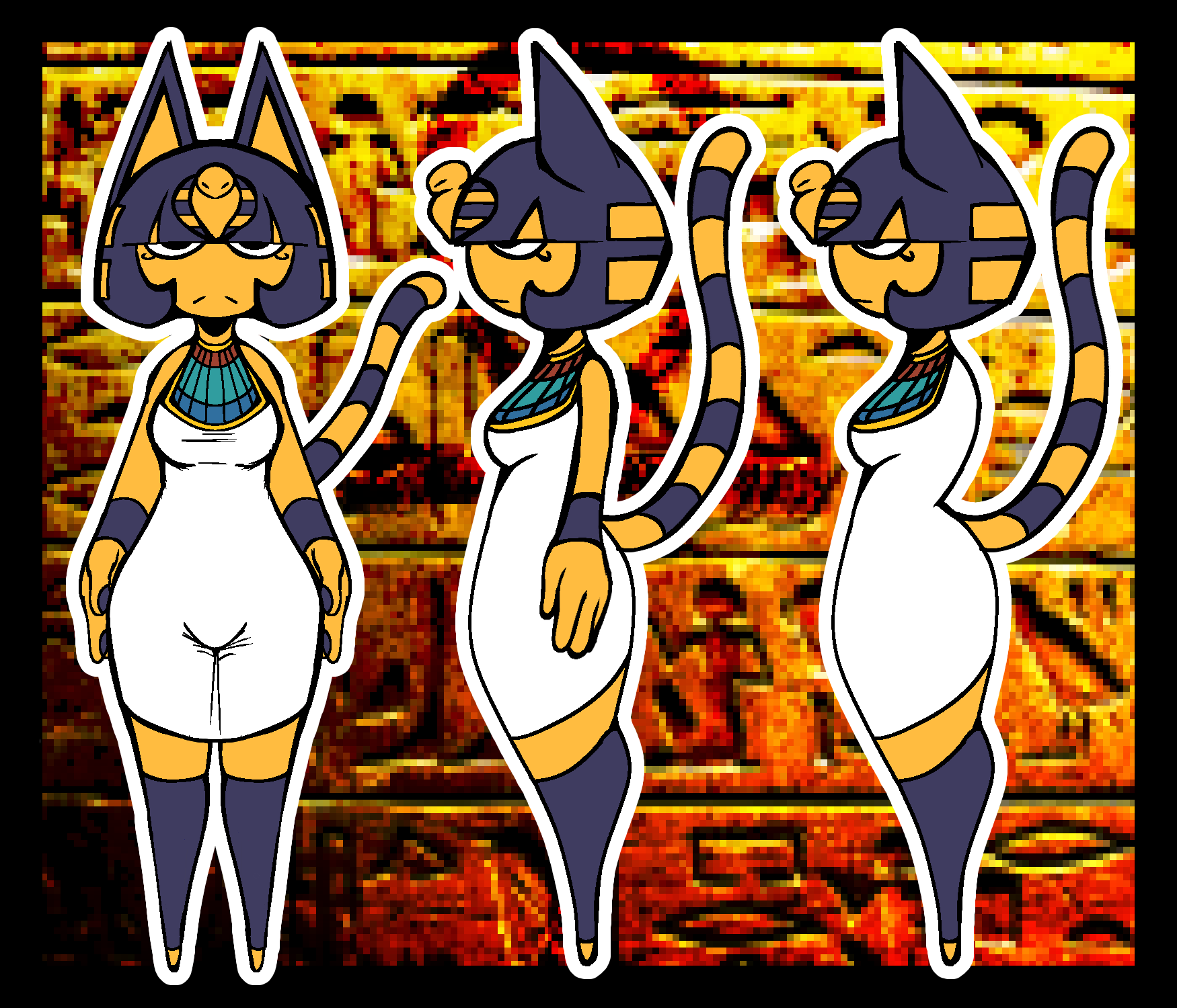 animal_crossing ankha_(animal_crossing) anthro black_eyes blue_hair blue_stripes breasts clothed clothing domestic_cat dress egyptian_clothing egyptian_headdress eyelashes featureless_feet felid feline felis female front_view frown fur hair hi_res mammal markings model_sheet nanodude78 nintendo side_view solo striped_markings striped_tail stripes tail tail_markings thick_thighs white_clothing white_dress wide_hips yellow_body yellow_fur