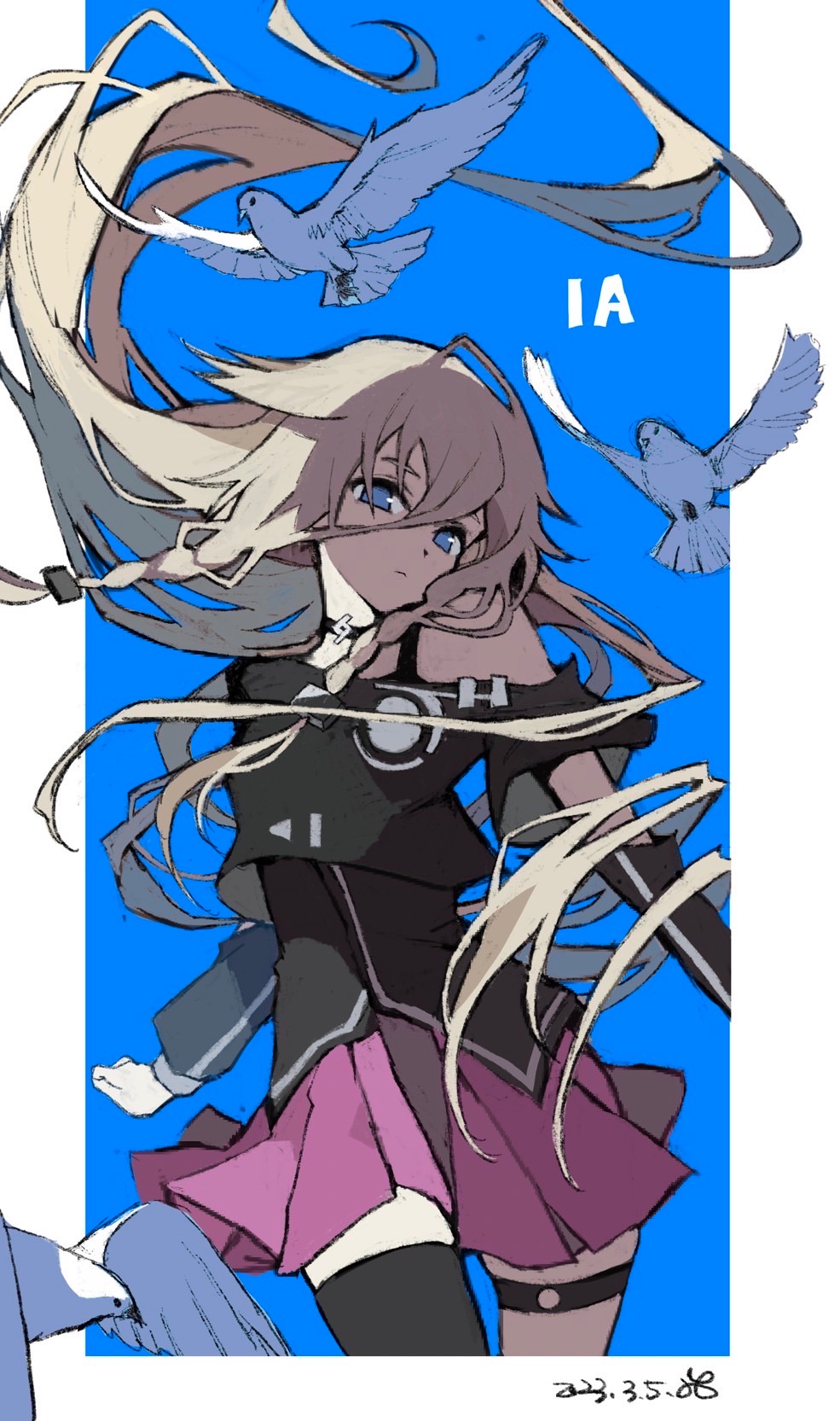 1girl arms_at_sides arms_up bird black_choker black_tank_top black_thighhighs blue_background blue_eyes border braid character_name choker closed_mouth contrapposto cowboy_shot crop_top dated dot_nose expressionless floating_hair grey_hair hair_between_eyes half-closed_eyes highres ia_(vocaloid) long_hair long_sleeves looking_at_viewer low_twin_braids ofgwr pink_skirt pleated_skirt shade sidelighting simple_background single_horizontal_stripe single_thighhigh single_vertical_stripe skirt solo spiked_hair tank_top thigh_gap thigh_strap thighhighs twin_braids very_long_hair vocaloid white_bird white_border
