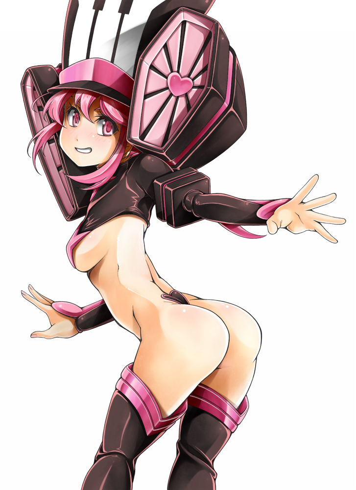 1girl :d ass black_headwear black_shirt black_thighhighs blush breasts c-string cropped_shirt grin hair_between_eyes hair_up hat jakuzure_nonon kill_la_kill long_sleeves medium_breasts pink_eyes pink_hair pink_shirt pink_thighhighs shako_cap shirt sideboob sidelocks simple_background smile speaker strapless_bottom symphony_regalia taiyaki_a thighhighs white_background