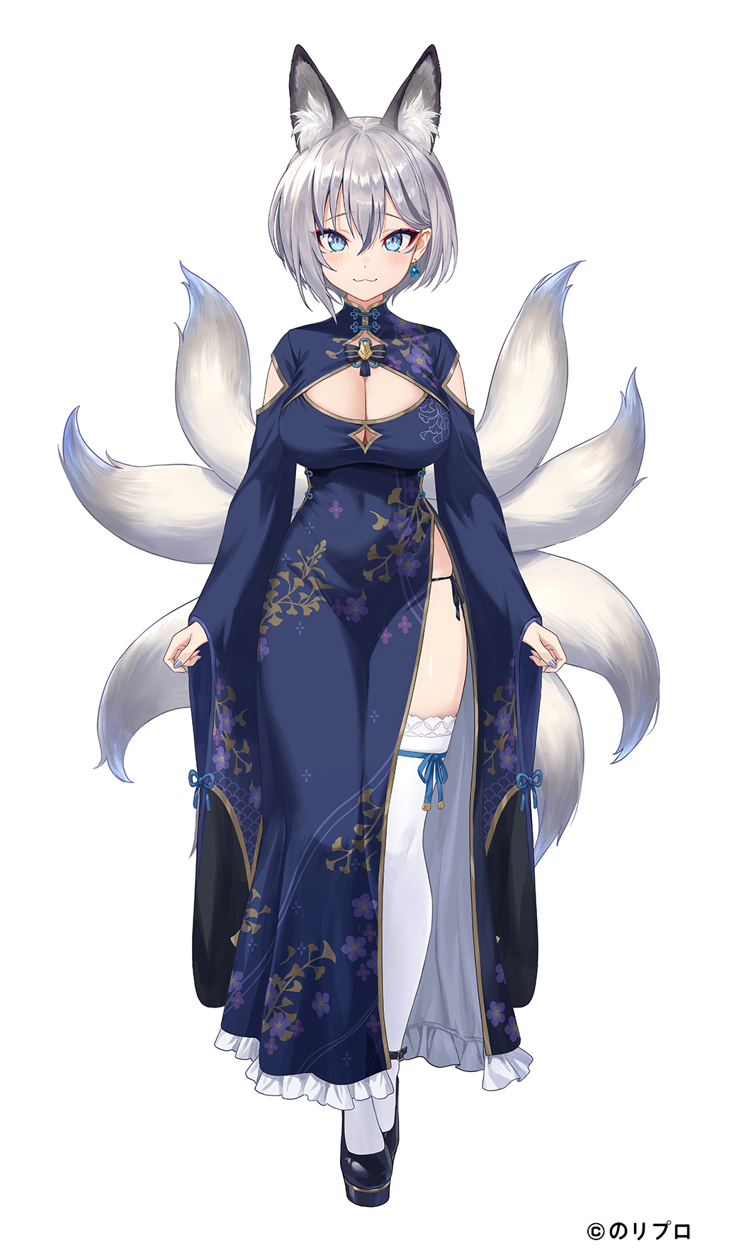 1girl :3 animal_ear_fluff animal_ears black_footwear blue_bow blue_dress blue_eyes blue_nails blue_ribbon bow breasts china_dress chinese_clothes cleavage cleavage_cutout clothing_cutout copyright_name dress earrings extra_ears facial_mark floral_print fox_ears fox_girl fox_tail frilled_dress frills full_body grey_hair guchico hair_behind_ear hair_between_eyes highres inari_iroha jewelry long_dress looking_at_viewer mary_janes medium_breasts multiple_tails noripro official_art panties red_eyeliner ribbon shoes short_hair side-tie_panties simple_background smile solo standing tachi-e tail thighhighs underwear virtual_youtuber white_background white_thighhighs wide_sleeves