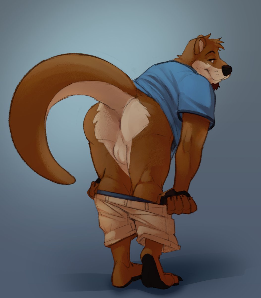 anthro brown_body brown_fur butt chase_hunter echo_(game) echo_(series) echo_project facial_hair fur goatee hi_res horrorbuns humanoid khaki_shorts male mammal mustelid otter presenting presenting_hindquarters solo