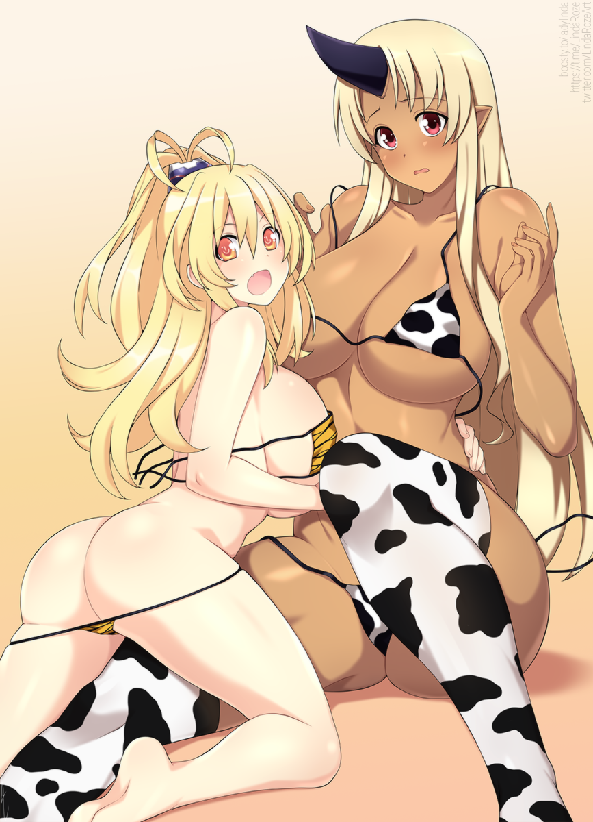 2girls animal_print antenna_hair arched_back ass barefoot bikini bikini_pull blush breasts clothes_pull collarbone commentary cow_print crossover dark-skinned_female dark_skin dot_nose english_commentary feet floating_hair foreshortening gradient_background hand_on_another's_waist hands_up high_ponytail highres horns huge_breasts knee_up lindaroze long_hair looking_at_viewer looking_back monster_girl monster_musume_no_iru_nichijou multiple_girls neptune_(series) open_mouth paid_reward_available parted_lips pointy_ears single_horn sitting soles straight_hair swimsuit thighhighs thighs tionishia twitter_username underboob untied untied_bikini wardrobe_malfunction watermark web_address white_bikini white_thighhighs yellow_bikini yellow_eyes yellow_heart