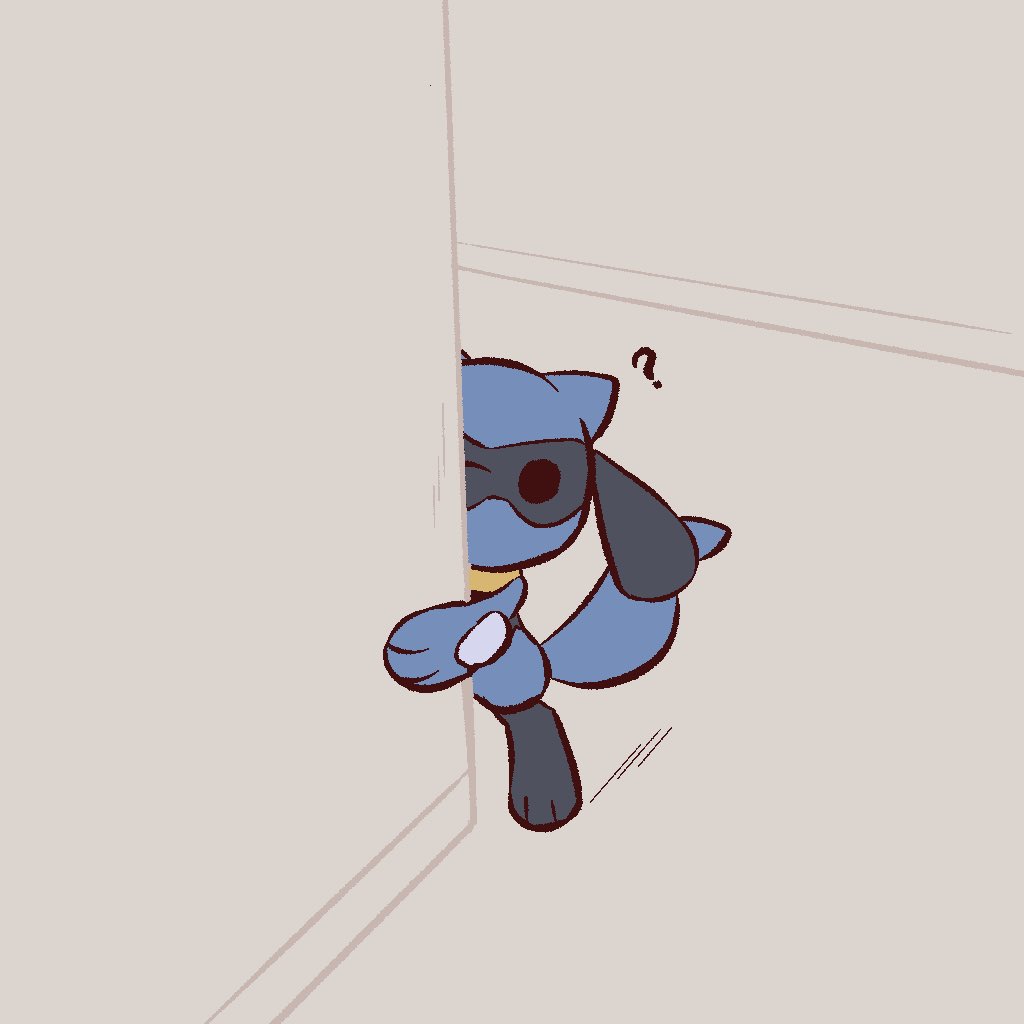 2023 advos ambiguous_gender anthro curious cute_eyes dot_eyes fur generation_4_pokemon inside looking_at_another looking_at_viewer nintendo peeping pokemon pokemon_(species) question_mark reaction_image riolu solo standing tuft wall_(structure)