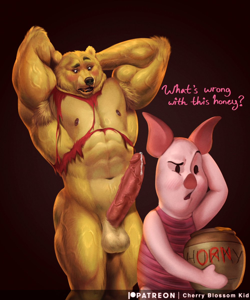 anthro balls bear big_muscles big_penis blush bodily_fluids cherry_blossom_kid clothing disney domestic_pig duo english_text erection fur genital_fluids genitals growth hi_res honey_pot humanoid_genitalia humanoid_penis male mammal muscle_growth muscular muscular_anthro muscular_male nude penis piglet pooh_bear precum shirt suid suina sus_(pig) text topwear torn_clothing torn_shirt torn_topwear winnie_the_pooh_(franchise) yellow_body yellow_fur