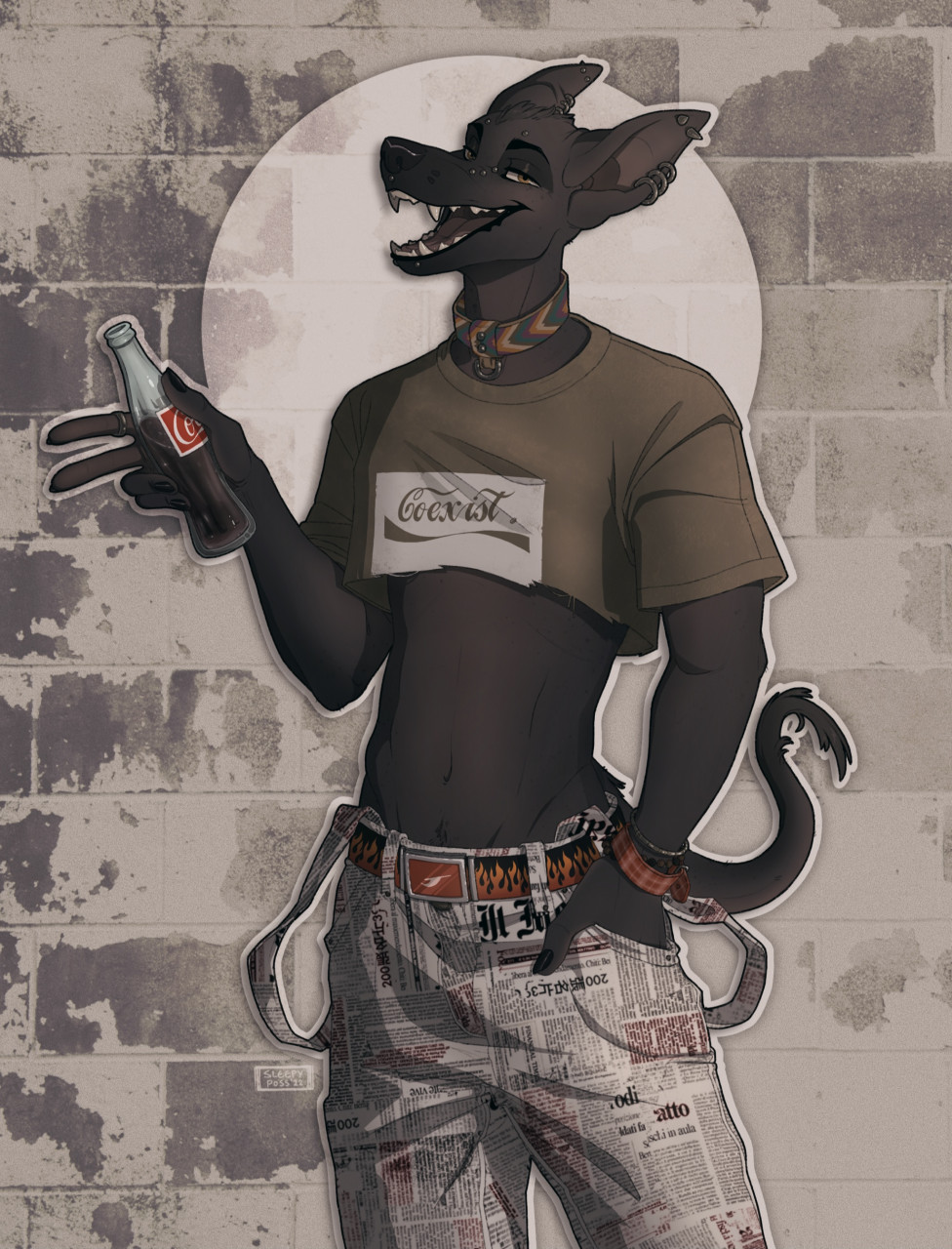 anthro black_body black_skin bottle bracelet bridge_piercing canid canine canis clothing coke collar container crop_top domestic_dog ear_piercing ear_ring facial_piercing fangs grey_background hairless hairless_dog half-closed_eyes hi_res jewelry lip_piercing male mammal narrowed_eyes newspaper nose_piercing open_mouth open_smile piercing primitive_dog ring ring_piercing shirt simple_background sleepy_poss smile snakebite_piercing solo suspenders teeth topwear xoloitzcuintli