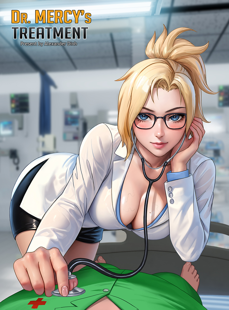 1boy 1girl alexander_dinh artist_name bent_over blonde_hair blue_eyes blurry blurry_background blush breasts cleavage closed_mouth doctor glasses highres holding_stethoscope large_breasts lips mercy_(overwatch) mole mole_on_breast overwatch pencil_skirt ponytail pov shirt skirt solo_focus white_shirt