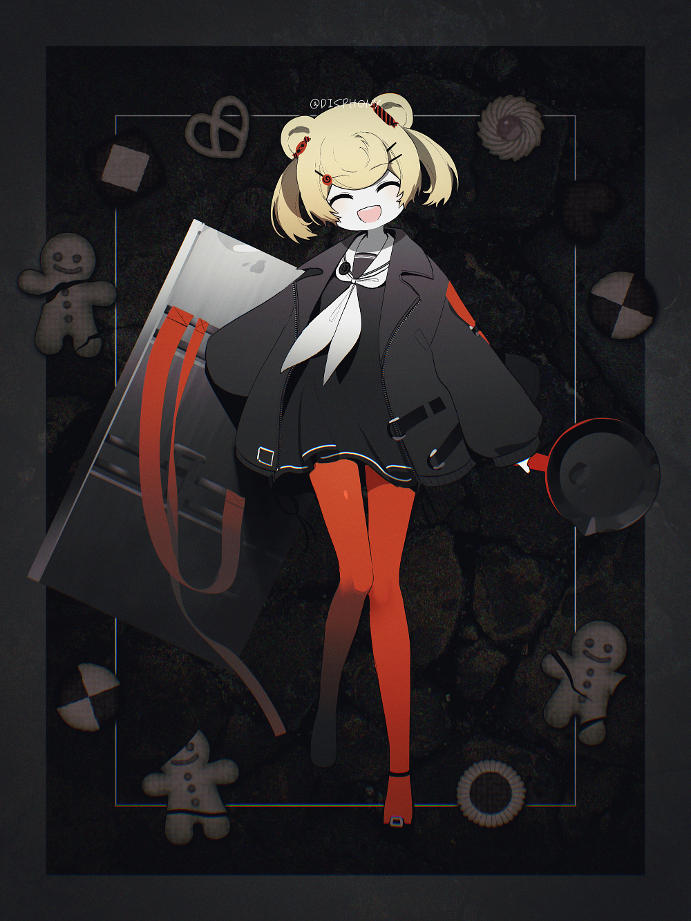 1girl arknights black_coat black_footwear blonde_hair blush closed_eyes coat frying_pan full_body gingerbread_man gummy_(arknights) hair_ornament hairclip highres holding holding_frying_pan kazune_rain neckerchief open_mouth pantyhose red_pantyhose short_hair smile solo white_neckerchief zipper