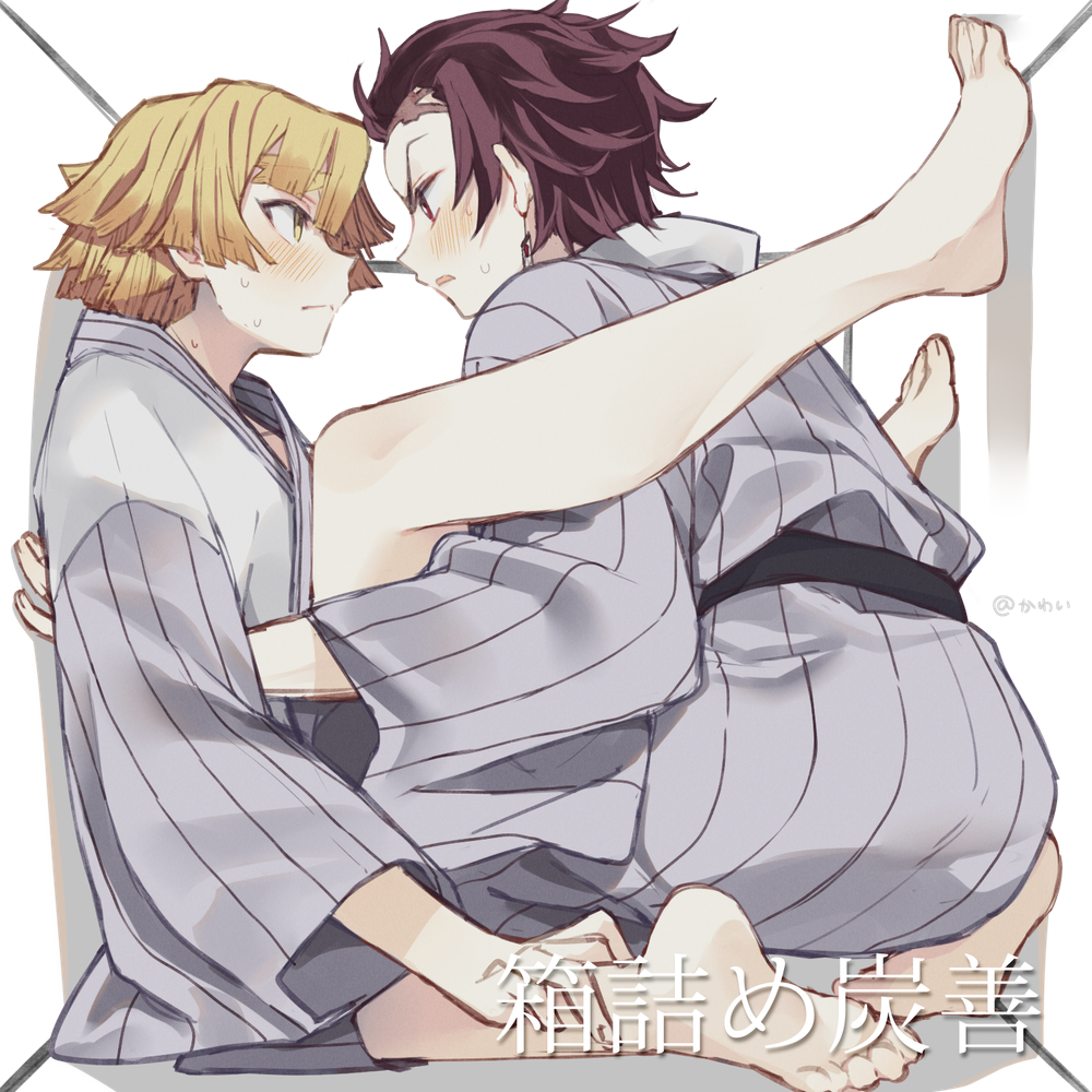 2boys agatsuma_zenitsu barefoot blonde_hair brown_hair closed_mouth cramped earrings eye_contact feet from_side japanese_clothes jewelry kaawaisann kamado_tanjirou kimetsu_no_yaiba kimono legs looking_at_another male_focus multiple_boys profile red_eyes scar scar_on_face scar_on_forehead simple_background soles sweat toenails toes wide_sleeves yaoi yellow_eyes yukata