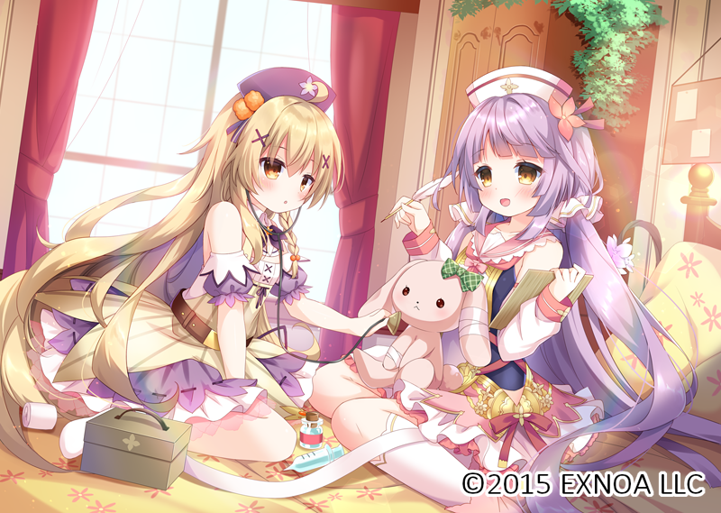 2girls :d :o bandages bare_shoulders blonde_hair blush brown_eyes character_request curtains detached_sleeves flower_knight_girl hair_between_eyes hat holding kneehighs kuko_(flower_knight_girl) multiple_girls nurse_cap official_art parted_lips pink_footwear puffy_short_sleeves puffy_sleeves purple_hair purple_headwear purple_skirt purple_sleeves quill red_eyes shirt short_sleeves sitting skirt smile socks stuffed_animal stuffed_rabbit stuffed_toy sunlight umeko_machi wariza white_headwear white_shirt white_socks window