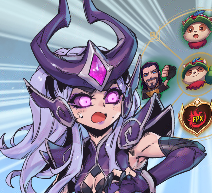 1girl center_opening colored_sclera fingernails glowing glowing_eyes grey_hair league_of_legends long_hair open_mouth phantom_ix_row purple_eyes purple_sclera sharp_fingernails sidelocks solo sweatdrop sylas_(league_of_legends) syndra teemo upper_body