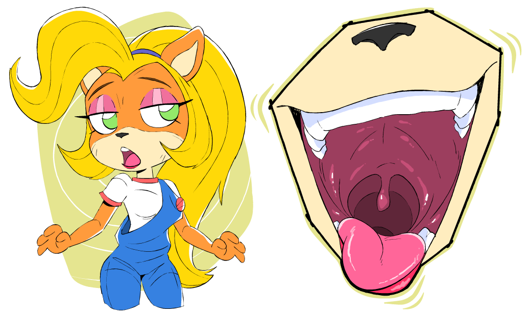 2023 activision anthro bandicoot blonde_hair clothing coco_bandicoot crash_bandicoot_(series) eyeshadow female fur gaping_mouth green_eyes hair lecigzz makeup mammal marsupial mouth_shot open_mouth orange_body orange_fur overalls solo tongue tongue_out