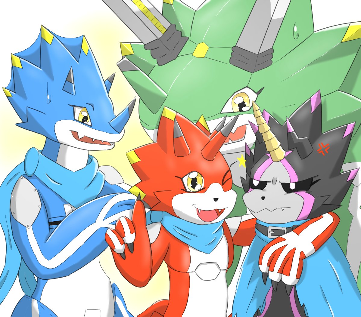 annoyed anthro arm_around_shoulders bandai_namco belt betelgammamon black_body black_sclera blue_body cape clothing cross-popping_vein digimon digimon_ghost_game evolutionary_family feral gammodokimon green_body group gulusgammamon horn kausgammamon male one_eye_closed scalie scarf wezengammamon wink