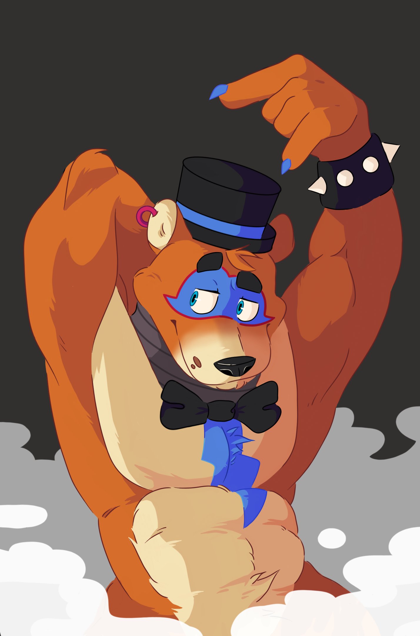 anthro bear bow_tie clothing devil_horns_(gesture) five_nights_at_freddy's five_nights_at_freddy's:_security_breach fluffy gesture glamrock_freddy_(fnaf) half-length_portrait hat hat_only headgear headgear_only headwear headwear_only hi_res male mammal mostly_nude muscular muscular_male naaidden pecs portrait pose scottgames solo steam steel_wool_studios suggestive suggestive_look suggestive_pose