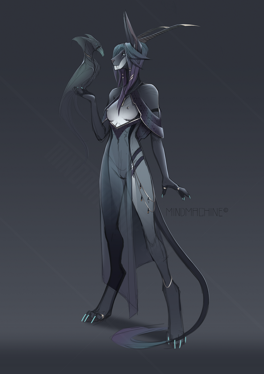 2022 4_toes acrador ambiguous_gender anthro armband avian bird_on_hand black_body black_sclera breasts canid canine canis claws clothing dea_(the_witch_of_taal) dea_redesign_(mindmachine) digit_ring duo feet female feral finger_claws fingers genitals grey_background hair horn ineffective_clothing jackal jewelry long_ears long_tail mammal mindmachine multicolored_hair nipples pet pussy ring ring_(jewelry) signature simple_background standing tail tail_tuft toe_claws toe_ring toes translucent translucent_clothing tuft