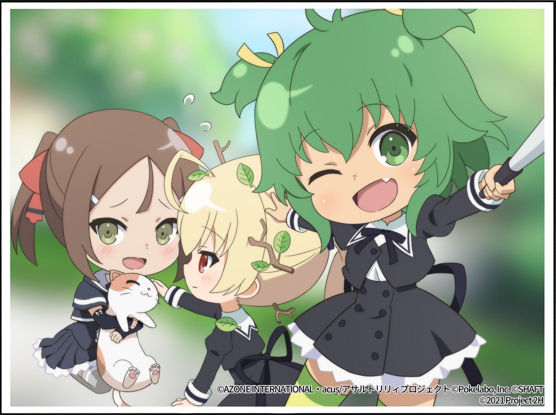 3girls :3 ;d ahoge andou_tazusa animal antenna_hair assault_lily black_border black_ribbon black_skirt blonde_hair blurry blurry_background blush border bow branch brown_hair buttons cat chibi closed_eyes closed_mouth commentary_request cropped_jacket crossover day detached_sleeves fang flat_chest flying_sweatdrops green_eyes green_hair green_theme grey_thighhighs hair_between_eyes hair_ribbon hand_on_another's_head hands_up high-waist_skirt holding holding_animal holding_cat juliet_sleeves leaf leaf_on_head long_sleeves looking_at_animal looking_at_viewer miniskirt miyoshi_karin multicolored_thighhighs multiple_girls neck_ribbon official_art one_eye_closed open_mouth outdoors outstretched_arm outstretched_arms parted_bangs pleated_skirt ponytail profile puffy_sleeves red_eyes red_ribbon ribbon school_uniform seiza selfie selfie_stick short_hair short_sleeves sitting skirt sleeve_bow sleeves_past_wrists smile standing striped striped_thighhighs thighhighs tree twintails two_side_up watermark white_border white_bow yellow_ribbon yellow_thighhighs yoshimura_thi_mai yurigaoka_girls_academy_school_uniform yuuki_yuuna_wa_yuusha_de_aru yuusha_de_aru zettai_ryouiki
