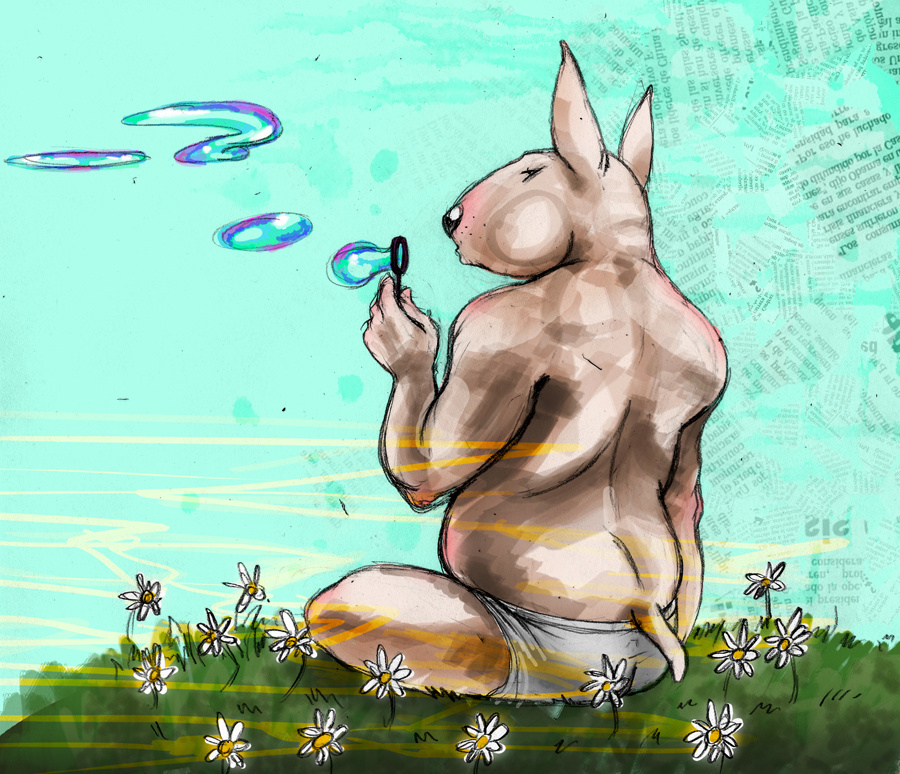 anthro black_nose blowing_bubbles briefs briefs_only bubble_wand bull_terrier canid canine canis clothed clothing cseed daisies domestic_dog fur grass holding_bubble_wand holding_object hunting_dog male mammal newspaper_print outside plant solo tan_body tan_fur terrier text tighty_whities topless underwear underwear_only white_briefs white_clothing white_underwear