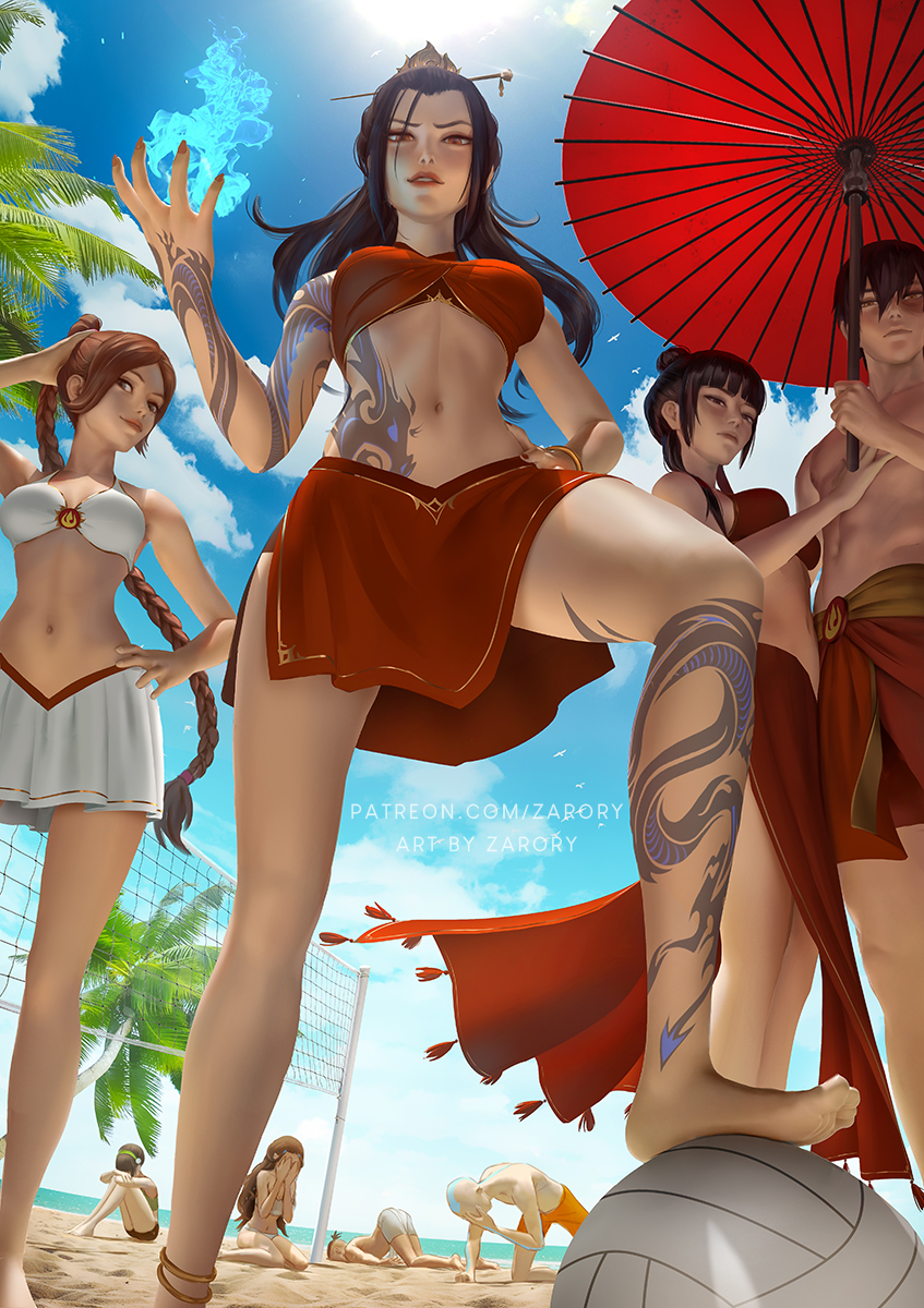 3boys 5girls aang anklet arm_tattoo avatar:_the_last_airbender avatar_legends azula bald ball beach bikini blue_fire braid braided_ponytail breasts brown_hair burn_scar cloud cloudy_sky defeat dragon_tattoo element_bending english_commentary fire from_below hair_bun hand_on_another's_chest highres jewelry katara leg_tattoo looking_at_viewer looking_down mai_(avatar) multiple_boys multiple_girls oil-paper_umbrella outdoors palm_tree pyrokinesis sand scar single_hair_bun sky smile sokka swimsuit tattoo toph_bei_fong topless_male tree ty_lee umbrella volleyball volleyball_(object) volleyball_net zarory zuko