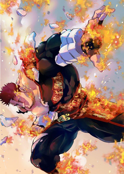 1boy armor ass_visible_through_thighs bara bare_pectorals blue_bodysuit bodysuit boku_no_hero_academia broken_armor bulge burning_clothes dutch_angle endeavor_(boku_no_hero_academia) facial_hair feet_out_of_frame fire large_pectorals long_sideburns looking_at_viewer male_focus mari_(m0290141) mature_male midair muscular muscular_male pectorals pyrokinesis scar scar_across_eye scar_on_face short_hair sideburns skindentation solo spiked_hair stubble thick_thighs thighs