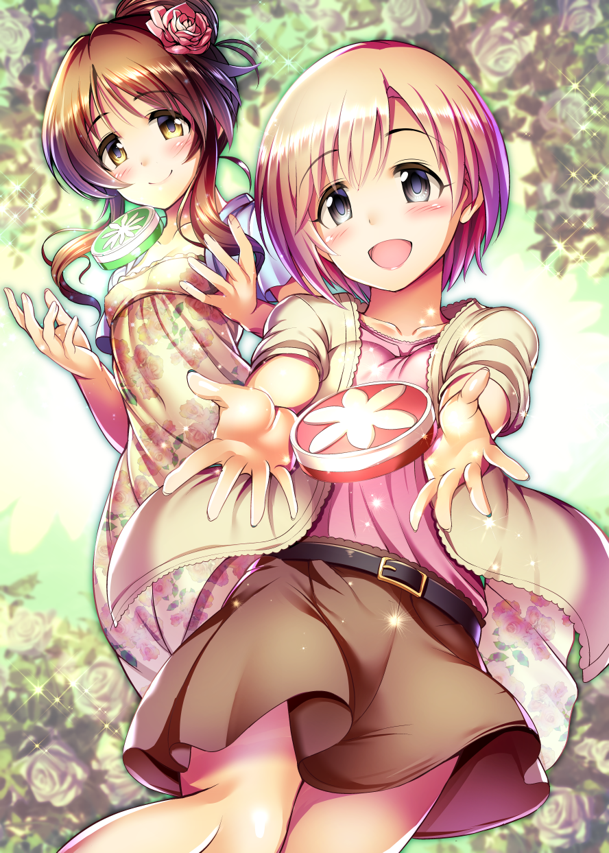 2girls aiba_yumi belt black_belt blonde_hair blue_jacket blush breasts brown_eyes brown_hair brown_skirt cleavage closed_mouth collarbone compact_(cosmetics) cropped_jacket dot_nose dress floral_background floral_print flower green_background hair_bun hands_up highres idolmaster idolmaster_cinderella_girls idolmaster_cinderella_girls_starlight_stage jacket long_hair looking_at_viewer medium_breasts ment multiple_girls open_clothes open_hands open_jacket open_mouth pink_shirt ponytail print_dress reaching reaching_towards_viewer rose shirt short_hair short_sleeves sidelocks single_hair_bun skirt small_breasts smile sparkle standing takamori_aiko white_flower white_rose yellow_dress yellow_jacket