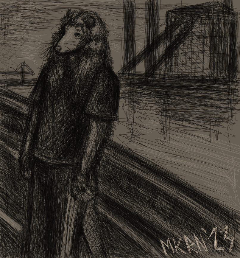 adidas cross-hatching detailed_background didelphid factory hair hatching_(art) jason_wallace long_hair looking_at_viewer makaronnie male mammal marsupial monochrome mouth_closed shaded signature solo standing water