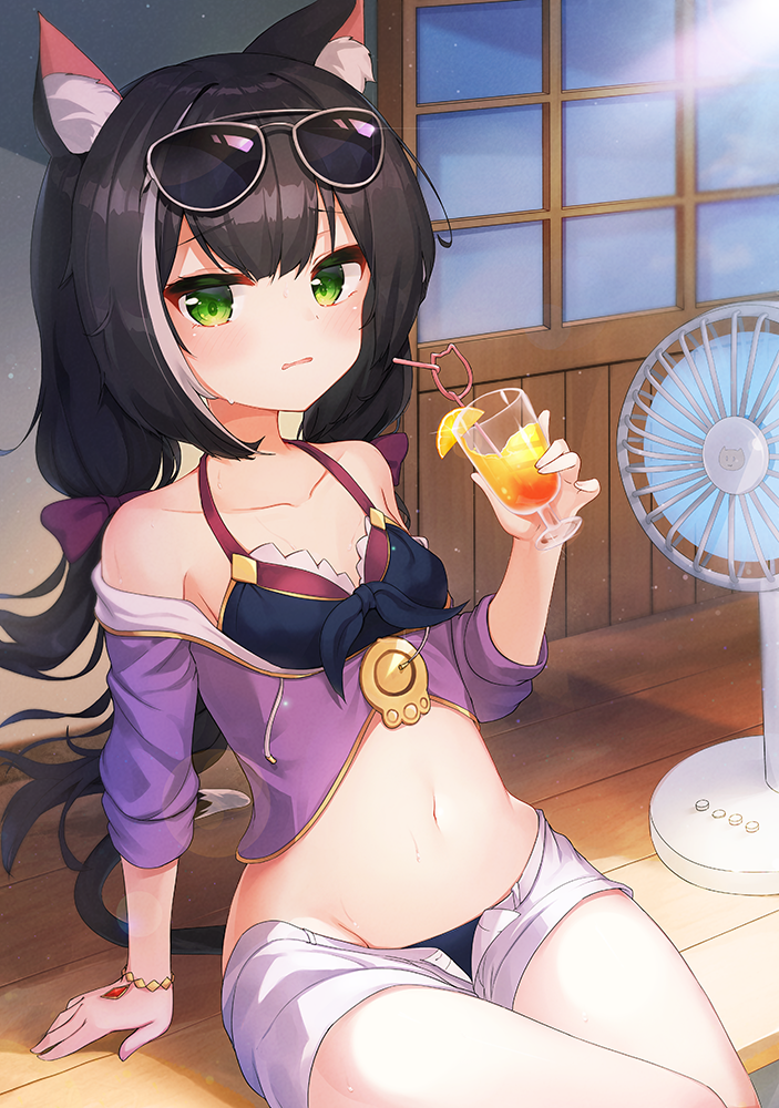 1girl 2drr animal_ear_fluff animal_ears bare_shoulders bikini black_hair blue_bikini blush bow breasts cat_ears cat_girl cat_tail collarbone commentary crazy_straw cup drinking_glass drinking_straw electric_fan eyewear_on_head green_eyes hair_between_eyes hair_bow hand_up holding holding_cup jacket karyl_(princess_connect!) karyl_(summer)_(princess_connect!) long_hair looking_at_viewer low_twintails multicolored_hair navel off_shoulder open_clothes open_fly open_shorts parted_lips princess_connect! purple_bow purple_jacket revision short_shorts short_sleeves shorts sitting small_breasts solo streaked_hair sunglasses sweat swimsuit tail twintails veranda very_long_hair white_hair white_shorts