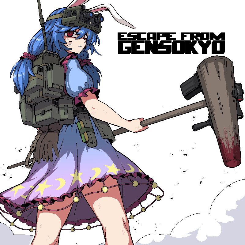 1girl black_gloves blood blood_on_weapon blue_dress blue_hair dress escape_from_tarkov formicid gloves hammer holding night_vision parody red_eyes seiran_(touhou) solo star_(symbol) star_print title_parody touhou weapon white_background